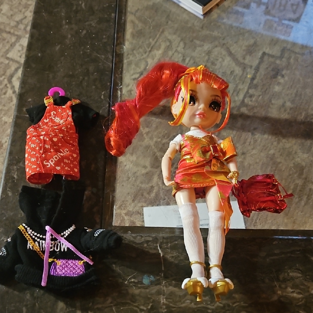 Rainbow Doll with Fiery Red Hair and Gold Accents